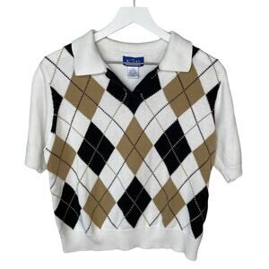 Preppy Argyle Crop Sweater - Light Academia Knit - Cottagecore Tennis - Size L